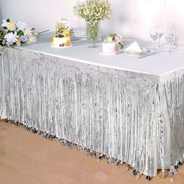 Metallic Foil Fringe Table Skirt Silver with Self Adhesive Backing - Durable Tinsel Skirt for Parties 30"x9ft