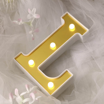 3D Marquee Letter "L" Warm White 4 LED Lights Gold - Chic Light-Up Decor for Events 6"