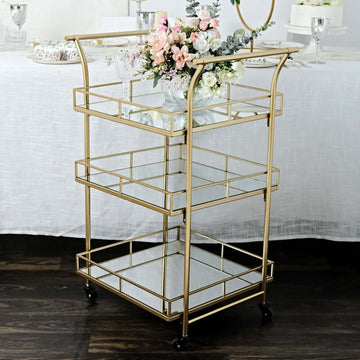 Gold Metal Bar Cart with Mirror Serving Trays 3-Tier - Teacart Island Trolley for Parties 3ft