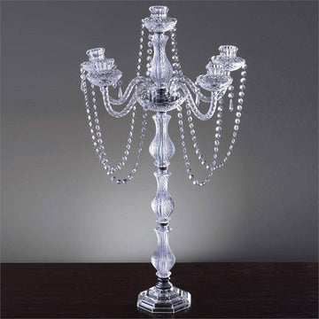 4-Arm Crystal Chandelier Candelabra Silver Metal - Sophisticated Taper Candlestick Holder Table Centerpiece 35"