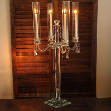 4 Arm Crystal Glass Taper Candle Holder Candelabra, Decorative Table Centerpiece With Chandelier Chains 36"