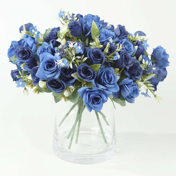 4 Bushes 12inch Navy Blue Real Touch Artificial Silk Rose Flower Bouquet, Faux Bridal