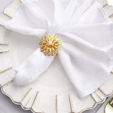 4 Pack 2" Elegant Gold Metal Pearl Floral Serviette Napkin Rings, Daffodil Flower Buckle Napkin Holders