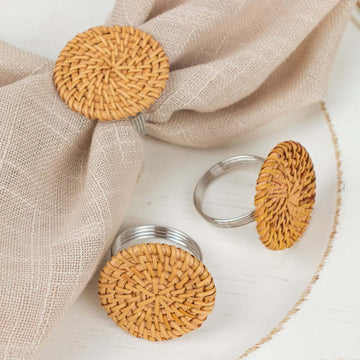 4 Pack 2" Natural Rustic Style Jute Rattan Metal Napkin Rings, Handmade Boho Chic Woven Serviette Buckle Holders