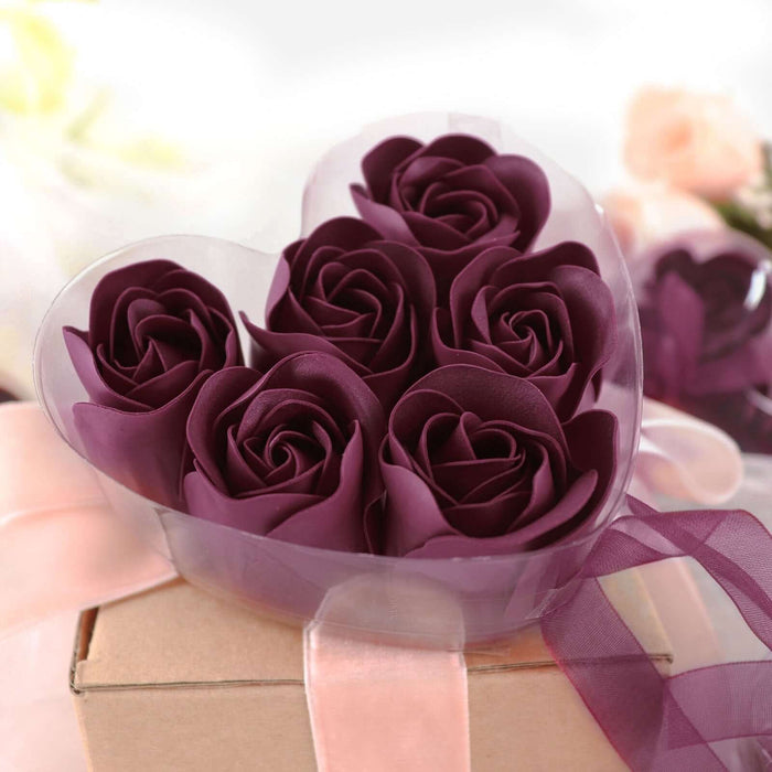 4 Pack | 24 Pcs Burgundy Scented Rose Soap Heart Shaped Party Favors With Gift Boxes And Ribbon