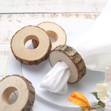 4 Pack 3" Rustic Natural Birch Wood Farmhouse Napkin Rings, Boho Napkin Holder Wood Slices