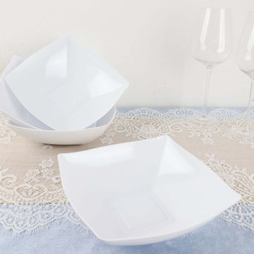 4-Pack Plastic Serving Bowls White Square - Lightweight Medium Disposable Dishes for Events 32oz