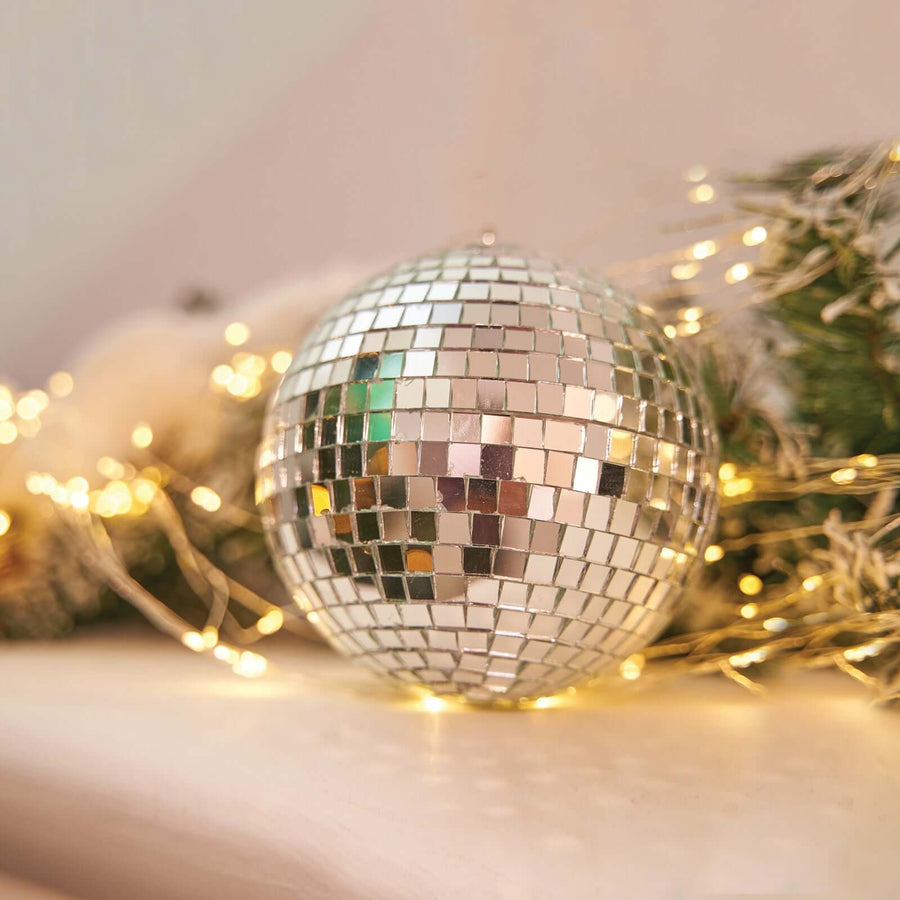 4 Pack | 4inches Silver Foam Disco Mirror Ball With Hanging Strings, Holiday Christmas Ornaments