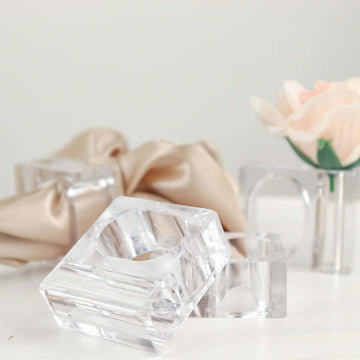 4-Pack Acrylic Napkin Rings 2-in-1 Square Mini Bud Vase Clear - Decorative Flower Napkin Holders for Table Settings