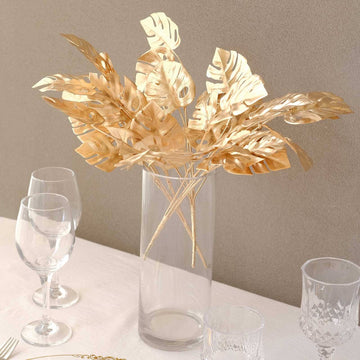 4-Pack Artificial Monstera Leaves Bushes Metallic Gold - Chic Faux Palm Leaf Decor Vase Filler for Hawaiian Jungle Tropical Themed Weddings Parties & Events 14"