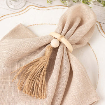 4 Pack Cream Wooden Napkin Rings with Woven Jute Beaded Tassel, Rustic Boho Chic Serviette Buckles