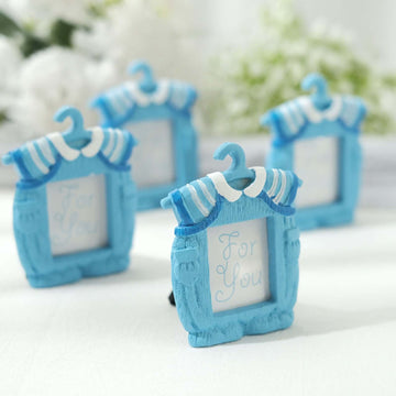 4 Pack Cute 4" Newborn Baby Boy Light Blue Clothes Resin Party Favors Picture Frame, Baby Shower Gender Reveal Party Gifts