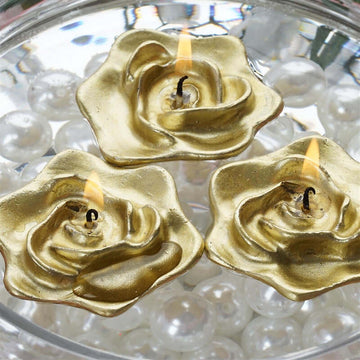 4-Pack Floating Candles Rose Flower Design Gold - Wedding Vase Fillers for Events 2.5"