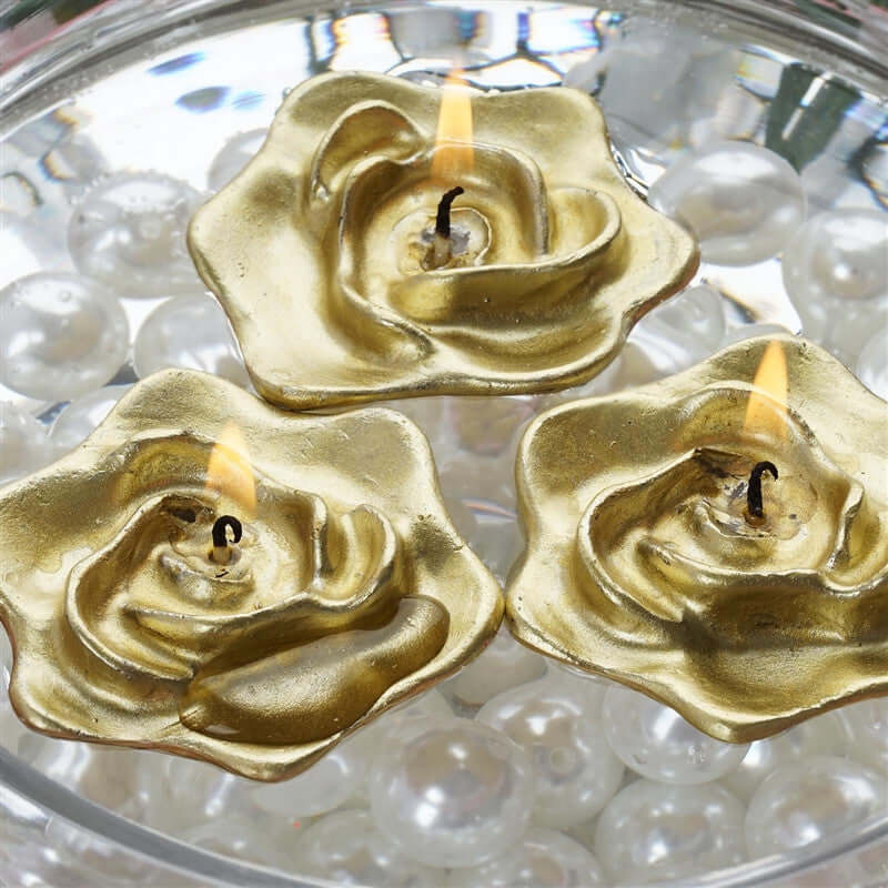 4 Pack | 2.5inches Gold Rose Flower Floating Candles, Wedding Vase Fillers