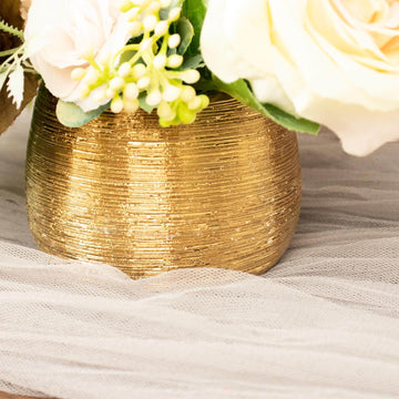 4-Pack Flower Vase Pots Textured Round Design Gold - Ceramic Brushed Indoor Planters 3"