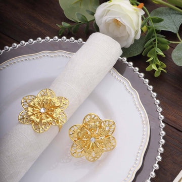 4 Pack Gold Metal Hollow Sun Flower Napkin Rings, Modern Flower Shaped Napkin Bands