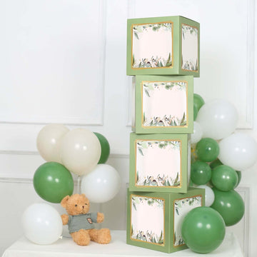 4 Pack Green Foliage Leaves Boho Design DIY Prop Balloon Boxes, Gender Neutral Baby Shower Party Decorations