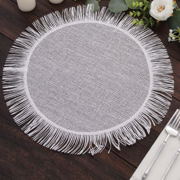 4 Pack White Rustic Farmhouse Burlap Tassel Dining Table Mats, 16inch Round Boho Chic Jute Fringe