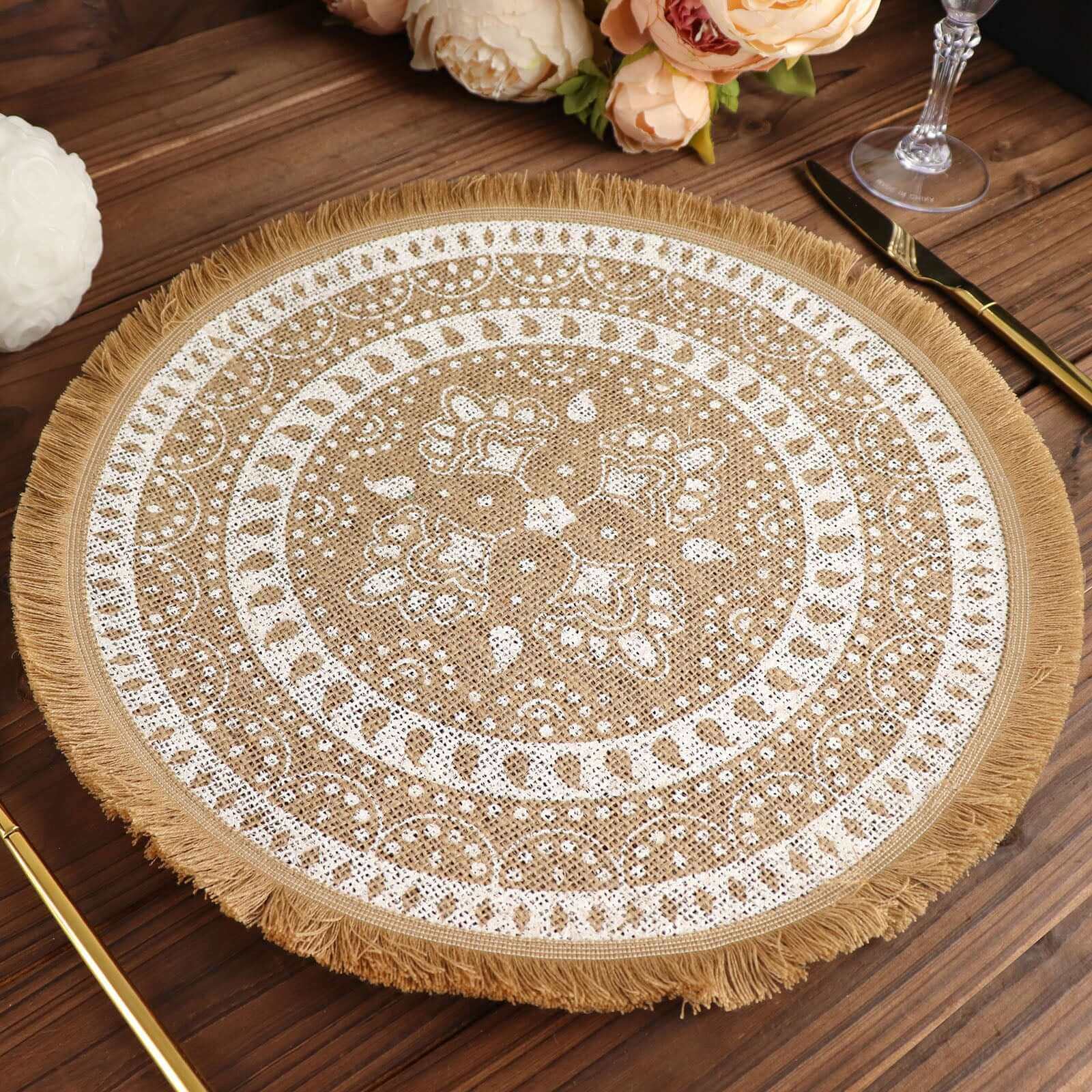 4-Pack Placemats Fringe Print Design Natural Jute and White Round - Rustic Burlap Woven Style 15"