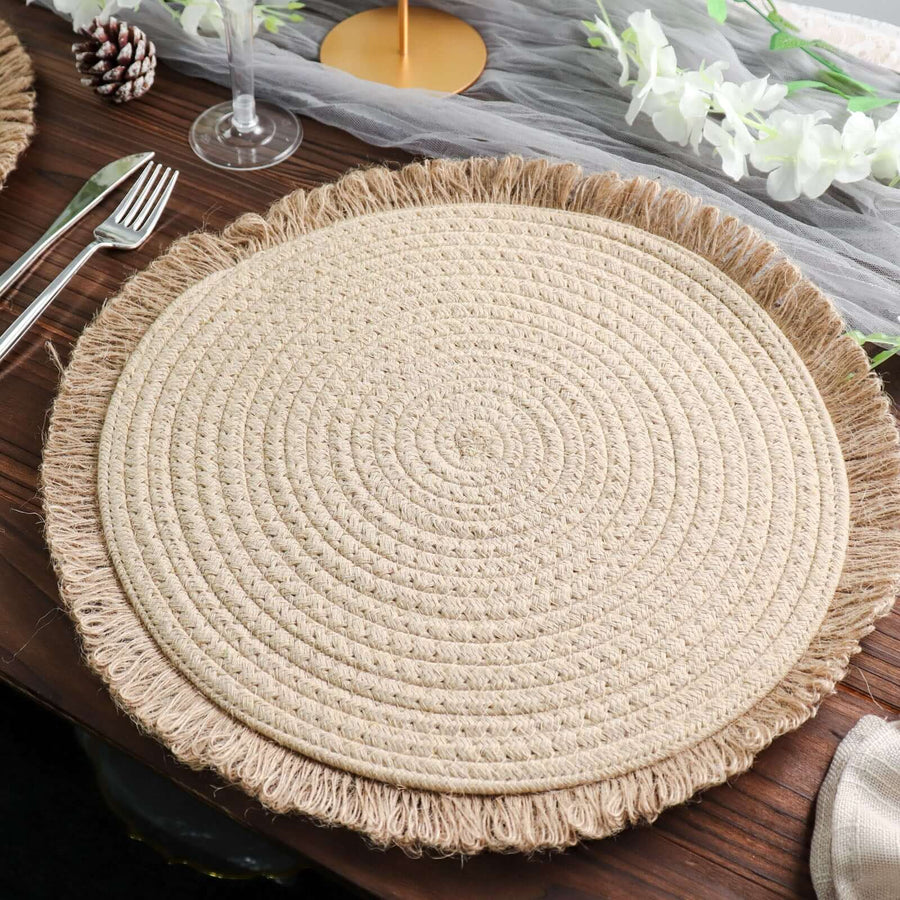 15inch Round Natural Rustic Burlap Jute Placemats Fringed Edges, Farmhouse Placemats with Trim