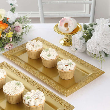 4-Pack Plastic 14" Rectangle Serving Trays Gold with Lace Rim - Chic Decorative Table Tray Platters for Buffets Banquets Dinner Parties