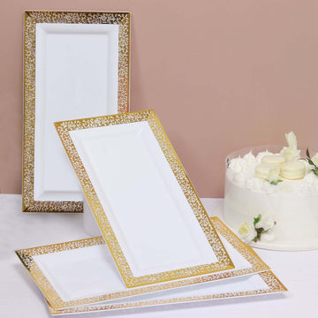 4-Pack Plastic 14" Rectangle Serving Trays White with Gold Lace Rim - Chic Decorative Table Tray Platters for Buffets Banquets Dinner Parties