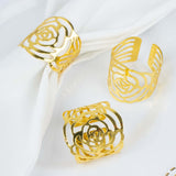 4 Pack | Shiny Gold Laser Cut Rose Round Metal Napkin Rings, Decorative Flower Napkin Holders