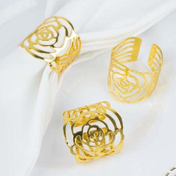 4 Pack Shiny Gold Laser Cut Rose Round Metal Napkin Rings, Decorative Flower Napkin Holders