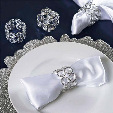 4 Pack Shiny Silver Acrylic Crystal Gem Beaded Napkin Rings