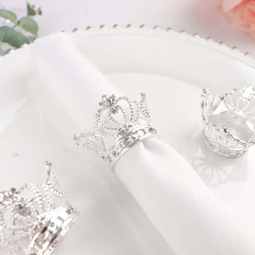 4 Pack Silver Metal Crown Rhinestone Napkin Rings, Royal Bling Napkin Holders