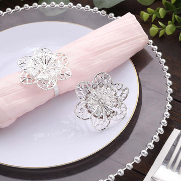 4 Pack Silver Metal Hollow Sun Flower Napkin Rings, Modern Flower Shaped Napkin Bands