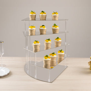 4-Tier Acrylic Cupcake Display Stand Silver Spiral Stairway Design - Stylish Reusable Multi Level Serving Tray Organizer Shelf Riser for Dessert Perfume Retail Jewelry & Collectibles 17"