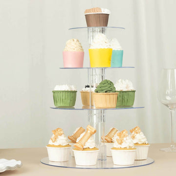 4-Tier Acrylic Round Cupcake Stand Clear - Heavy Duty Easy To Assemble Dessert Tower Holder Pastry Display with Film Sheets for Modern Minimalist Buffet Party Tables 14"