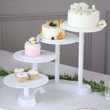 4-Tier Plastic Cake Stand with Half Moon Base White - Space Saving Multi-layer Cupcake Holder Dessert Tower for Weddings Tea Parties & Home Gatherings 17"