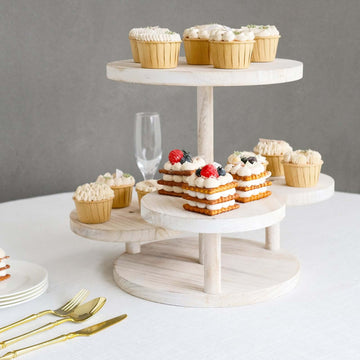 4-Tier Wooden Cake Stand Whitewash with Round Tiered Trays - Rustic Cupcake Tower Dessert Display 14" Tall