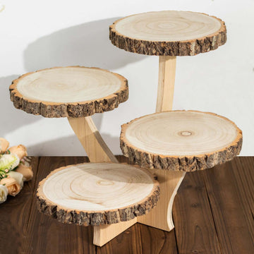 4-Tier Wooden Cupcake Stand Farmhouse Style Natural Wood Slice Design - Rustic Dessert Display Cake Holder 15" Tall