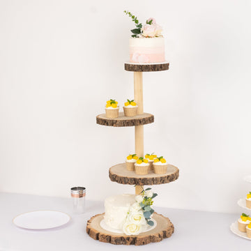 4-Tier Wooden Cupcake Tower Stand Rustic Natural Wood Slice Design - Farmhouse Style Dessert Display 29"