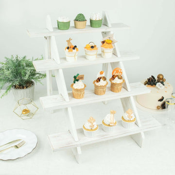 4-Tier Wooden Ladder Shelf Whitewashed Rustic Design - Cascading Stair Step Dessert Display Cupcake Holder 21"