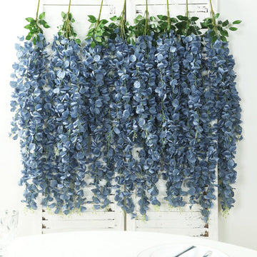 42" Silk Hanging Wisteria Flower Garland Vines in Dusty Blue, Elaborated 5 Full Strands in 1 Bush