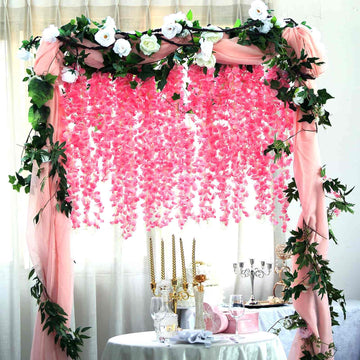 42" Silk Hanging Wisteria Flower Garland Vines in Pink, Elaborated 5 Full Strands in 1 Bush