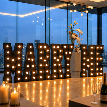 Giant LED Marquee Light Up Letters "MARRY ME", Black 4ft Pre-Cut Foam Board with Warm White Battery Operated LEDs, Glue Gun and Sticks