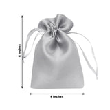 Silver satin drawstring bag, 6x4 inches, perfect for gifts and storage.