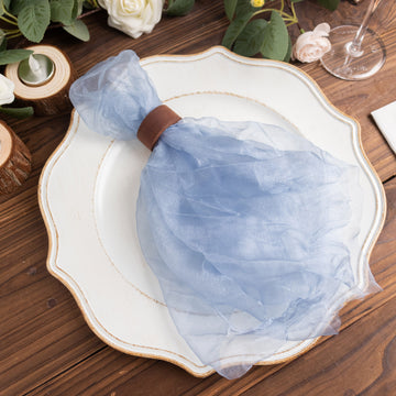 5 Pack Dusty Blue Sheer Crinkled Organza Dinner Napkins, Premium Shimmer Decorative Wedding Napkins - 21"x21"