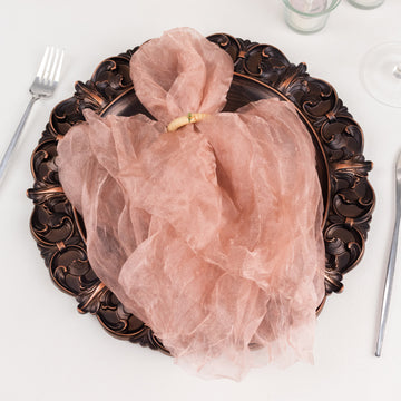5 Pack Dusty Rose Sheer Crinkled Organza Dinner Napkins, Premium Shimmer Decorative Wedding Napkins - 21"x21"