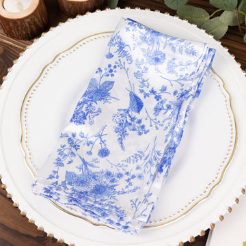 5 Pack White Blue Chinoiserie Floral Print Satin Cloth Dinner Napkins, Wrinkle Resistant Table Napkins - 20"x20"