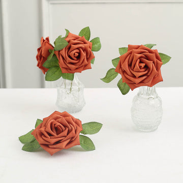 24 Roses 5" Terracotta (Rust) Artificial Foam Flowers With Stem Wire and Leaves