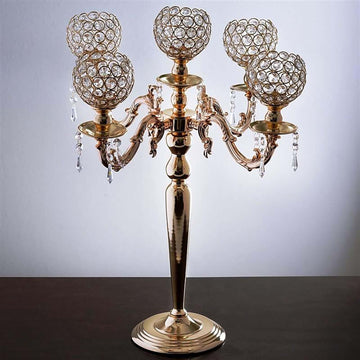 5-Arm Crystal Beaded Globe Candelabra Gold Metal - Chic Candle Holder Table Centerpiece for Gatherings 25"