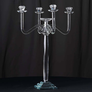 5 Arm Crystal Glass Candelabra Clear- Exquisite Decorative Taper Candle Holder Table Centerpiece for Grand Celebrations 27"