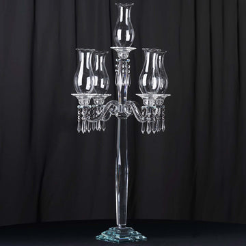 5 Arm Crystal Glass Taper Candle Holder Candelabra, Luxurious Table Centerpiece With Chandelier Chains 40"