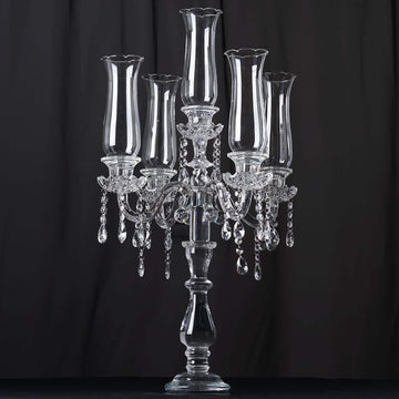 5 Arm Crystal Glass Taper Candle Holder Candelabra, Stylish Table Centerpiece With Chandelier Chains 32"